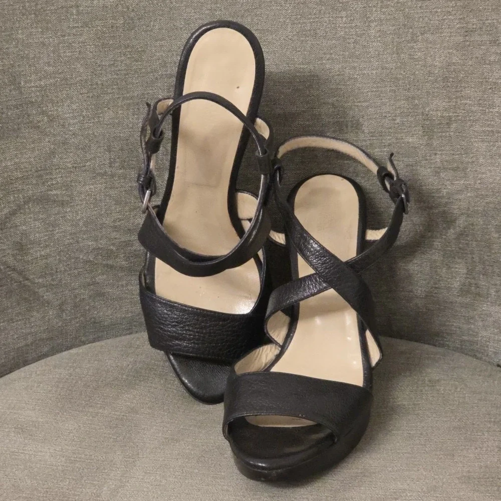 Max Mara Leather‎ Wedge Platform Size 37  US 7 Black  Open Toe